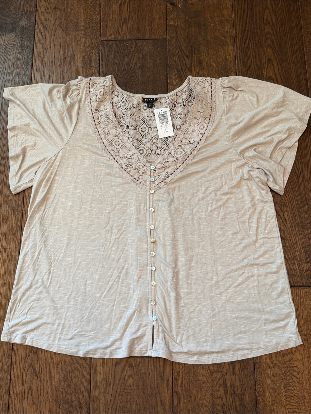 torrid Lace-Trim V-Neck Button Front Top in Light Taupe Peasant Blouse, 2X
